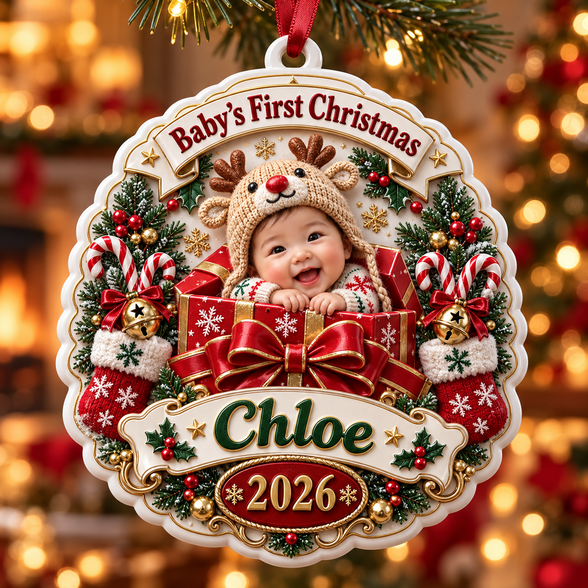 Baby's First Christmas Medallion Keepsake with Holiday Gift Box and Reindeer Hat - 3D Relief Ornament