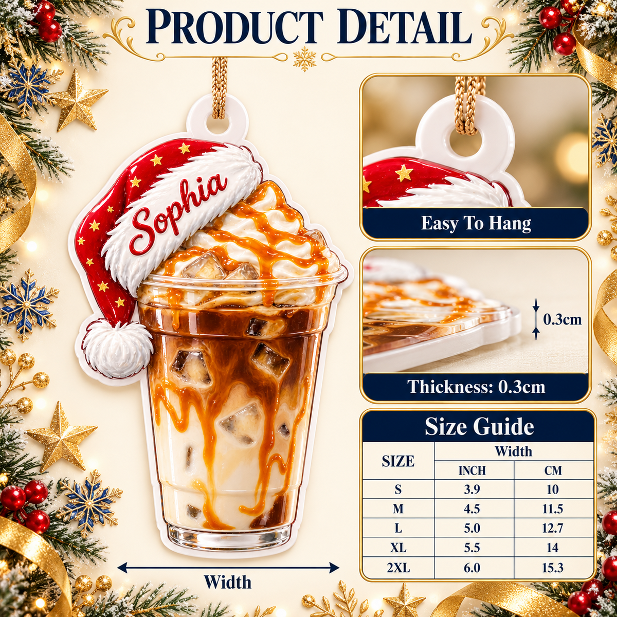 Iced Caramel Macchiato with Santa Hat Acrylic Hanging Holiday Keepsake - 3D Relief Ornament