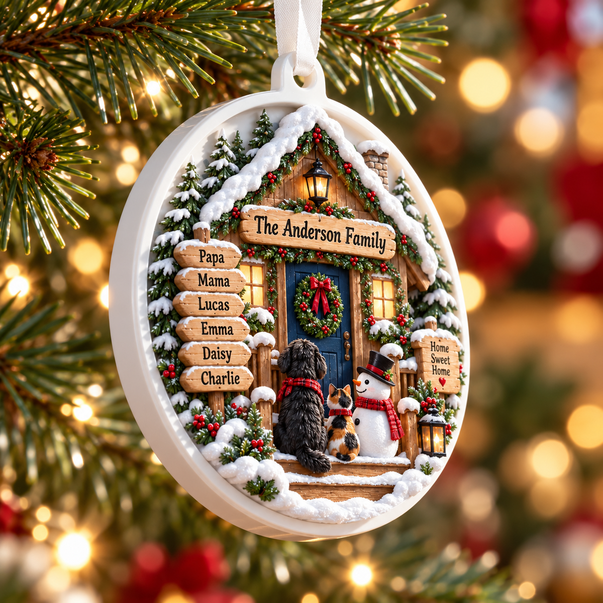 Round Christmas Tree Decoration with Winter Cabin, Snowman, and Pets - 3D Relief Ornament