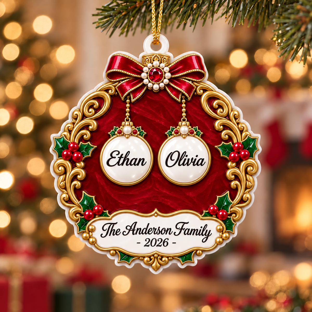 Christmas Family Bauble Medallion in Red and Gold Filigree Scrollwork - 3D Relief Ornament
