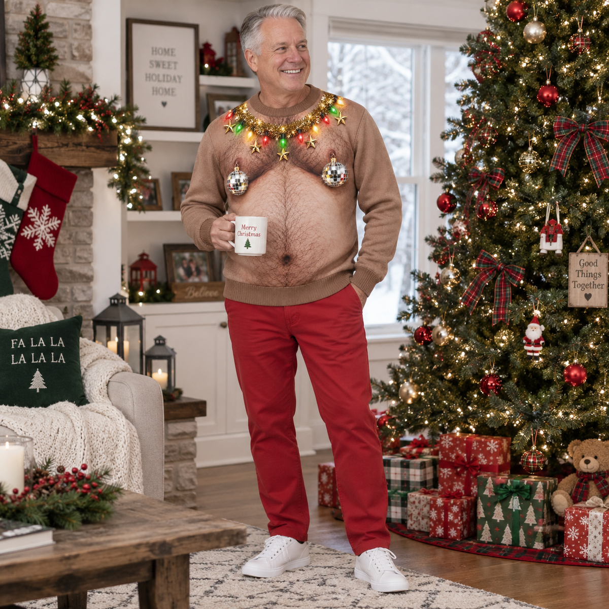 Hairy Chest Christmas Sweatshirt Funny Holiday Garland Tan Pullover