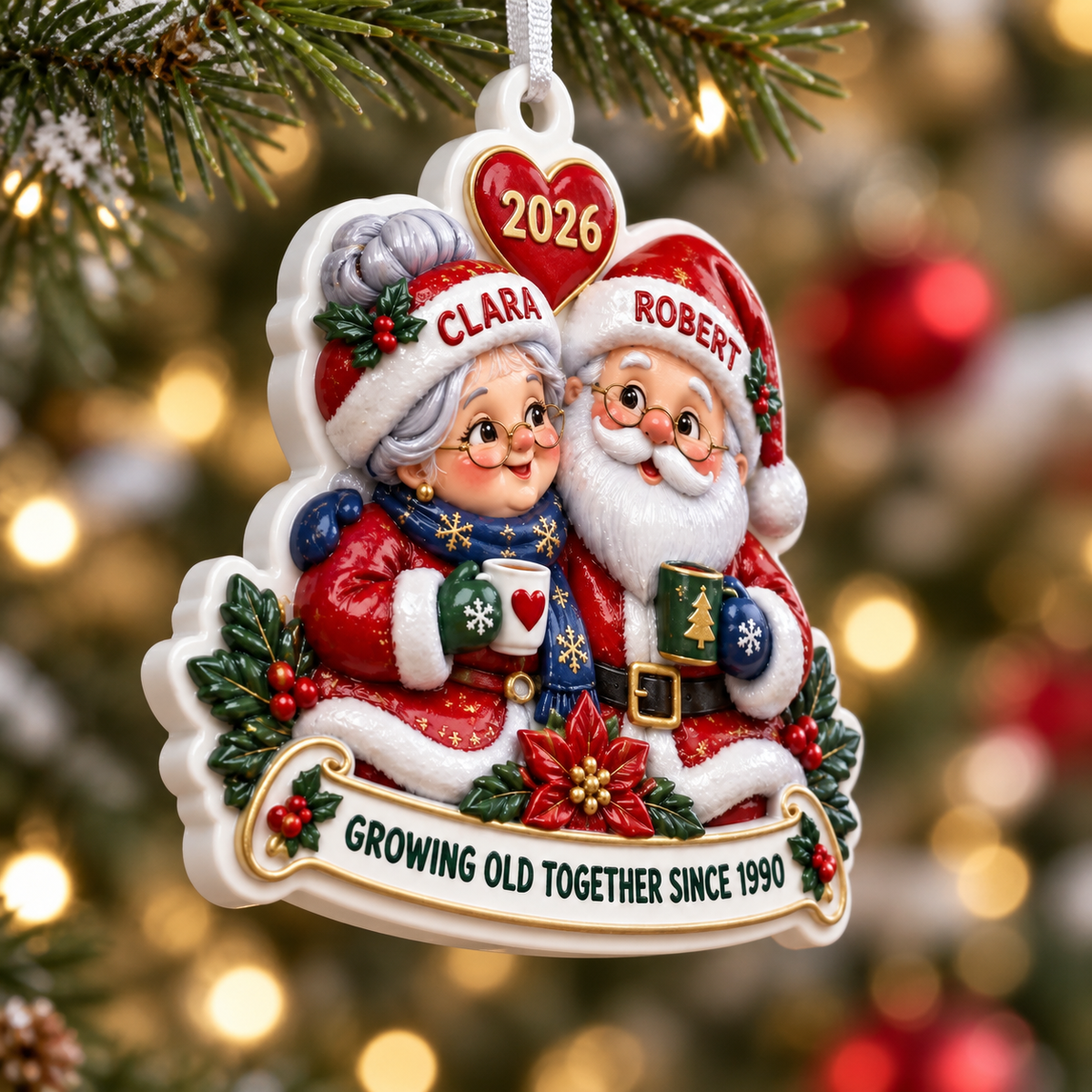 Santa and Mrs Claus Couple Christmas Tree Decoration, Holiday Keepsake - 3D Relief Ornament