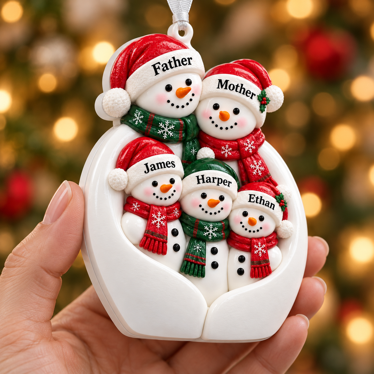 Snowman Family of 5 Hanging Holiday Tree Decoration - 3D Relief Ornament
