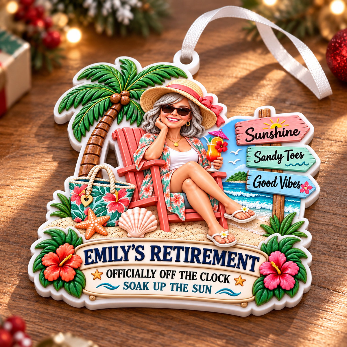 Beach Vacation Retirement Hanging Keepsake with Relaxing Woman and Palm Tree - 3D Relief Ornament