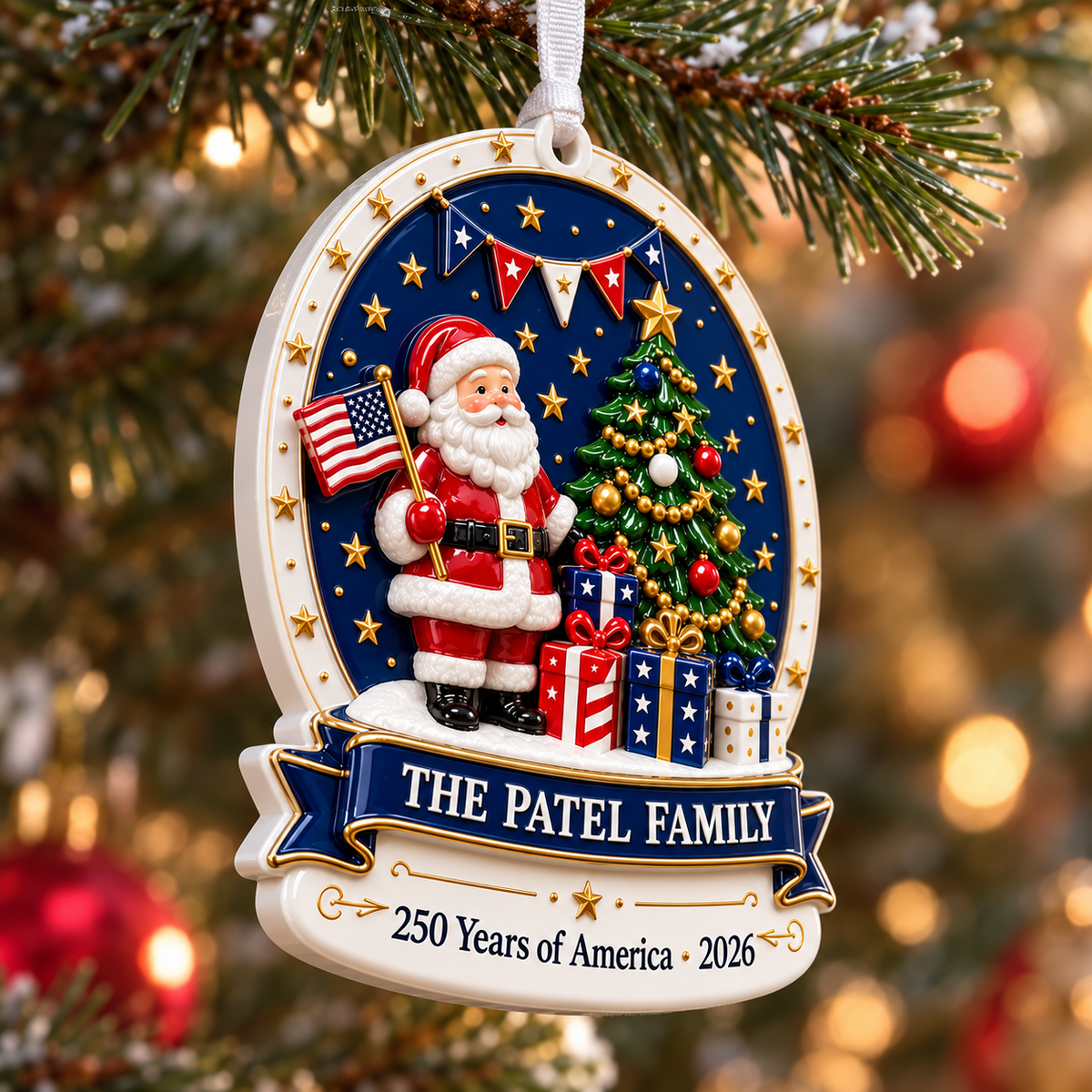 Patriotic Santa Claus with American Flag and Christmas Tree Medallion - 3D Relief Ornament