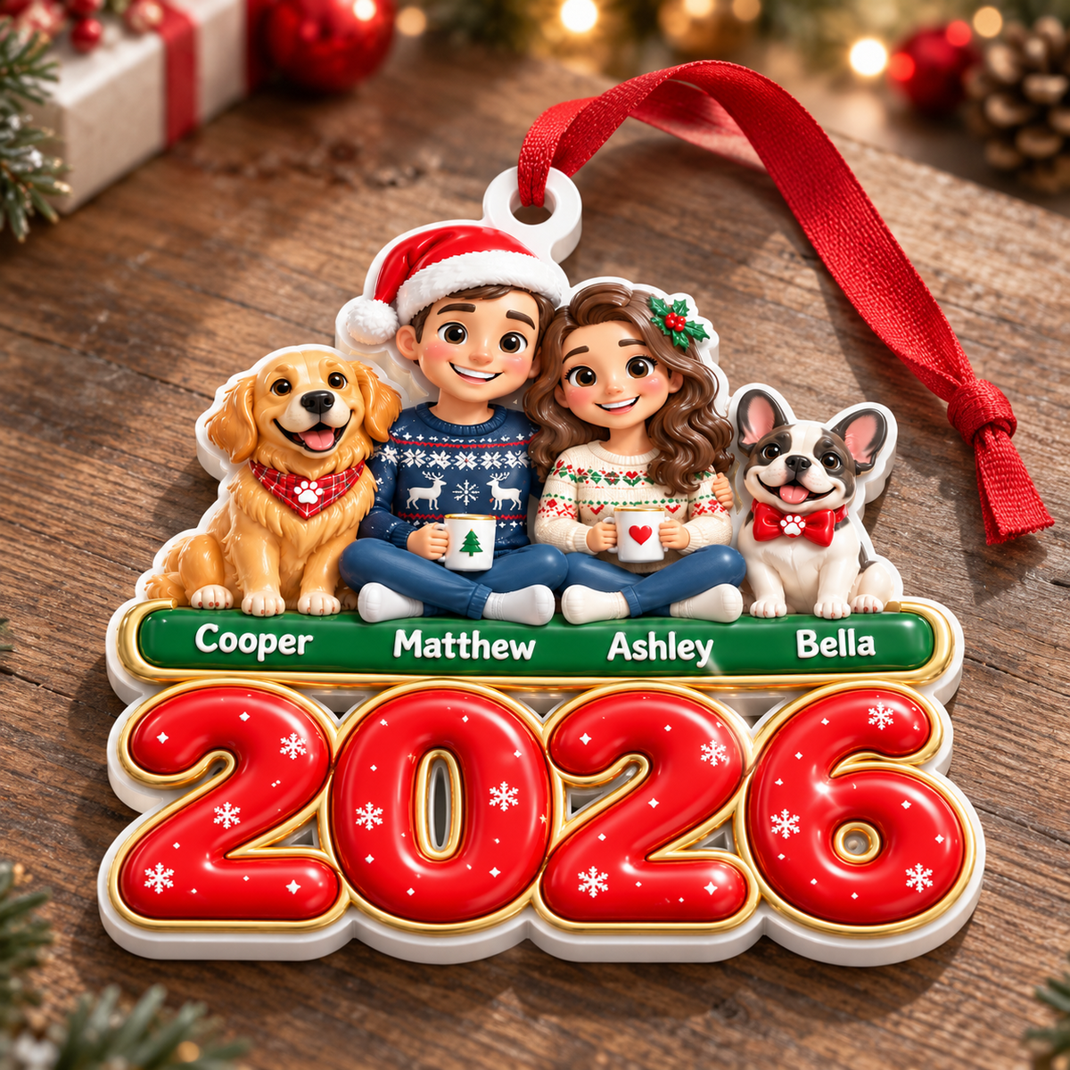 Family Couple and Dogs 2026 Christmas Holiday Tree Hanging Plaque - 3D Relief Ornament