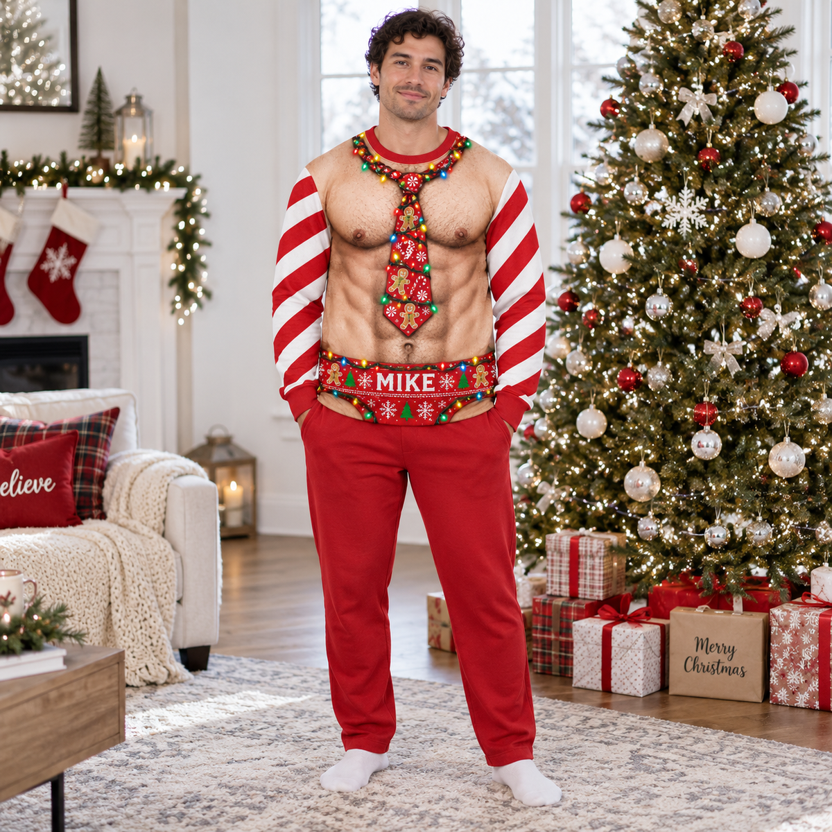 Funny Christmas Sweatshirt Faux Muscle Chest Holiday Tie Graphic