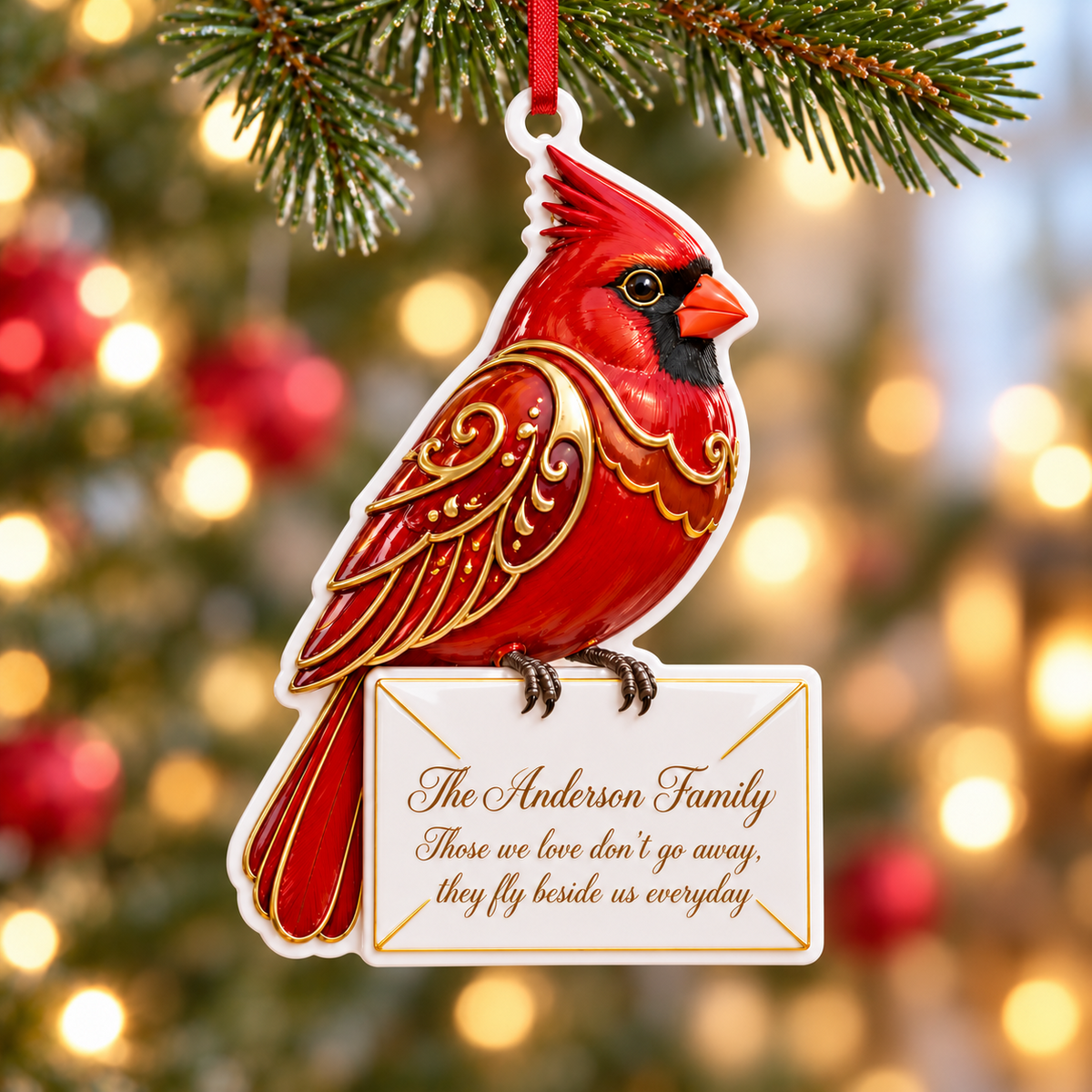 Red Cardinal Perched on Envelope Memorial Tree Hanging - 3D Relief Ornament