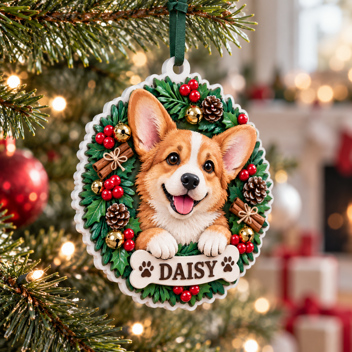 Pembroke Welsh Corgi Dog Holiday Pine Wreath Christmas Tree Hanging Decor - 3D Relief Ornament