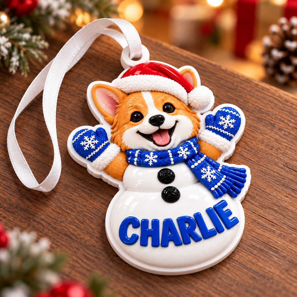 Corgi Dog Snowman with Blue Scarf and Santa Hat Acrylic Hanging Holiday Decor - 3D Relief Ornament