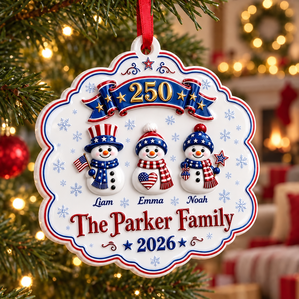 Patriotic Snowman Family of 5 America 250th Scalloped Christmas Hanging Keepsake - 3D Relief Ornament