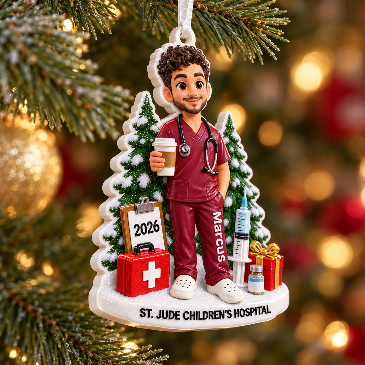 Male Nurse in Maroon Scrubs Healthcare Worker Christmas Tree - 3D Relief Ornament