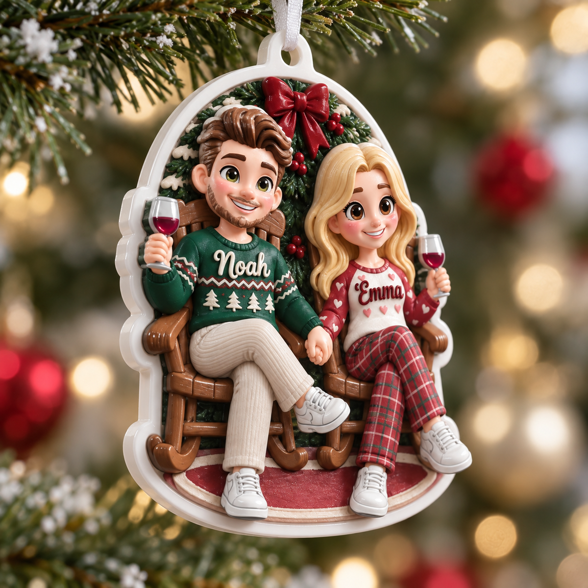Couple in Rocking Chairs Christmas Tree Hanging Decor with Wine and Wreath - 3D Relief Ornament