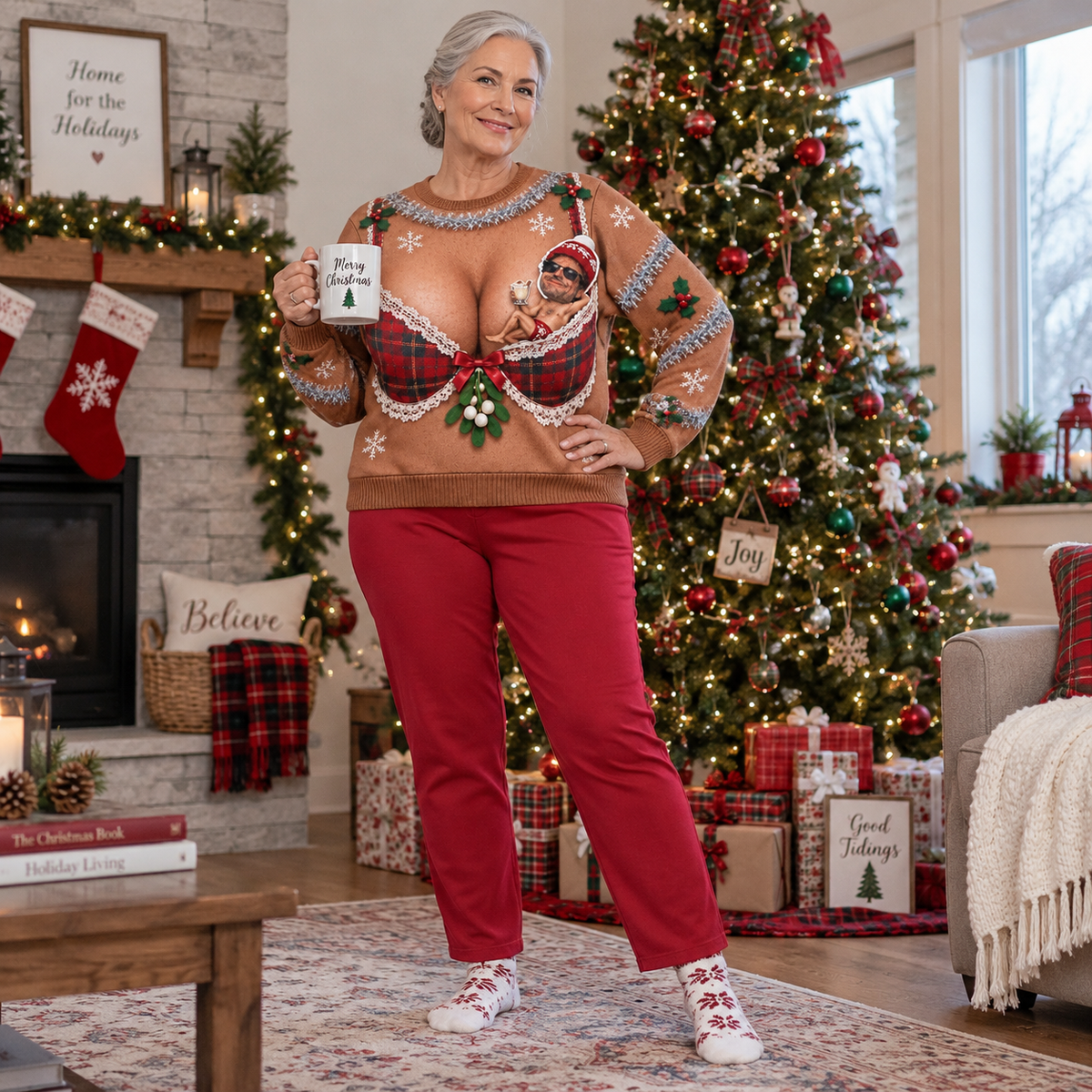 Funny Christmas Sweatshirt, Brown Novelty Plaid Bra Graphic Crewneck