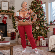 Funny Christmas Sweatshirt, Brown Novelty Plaid Bra Graphic Crewneck
