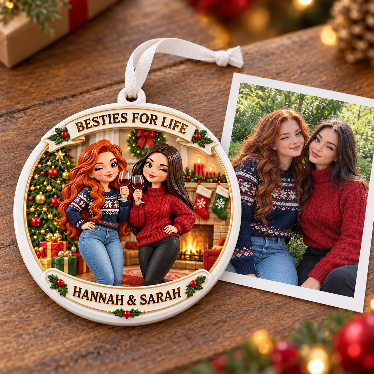 Best Friends Wine By Fireplace Christmas Holiday Medallion - 3D Relief Ornament