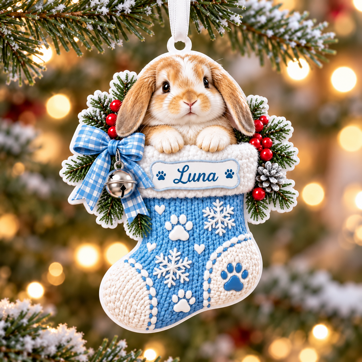 Lop Eared Bunny in Knitted Christmas Stocking Acrylic Holiday Decor - 3D Relief Ornament