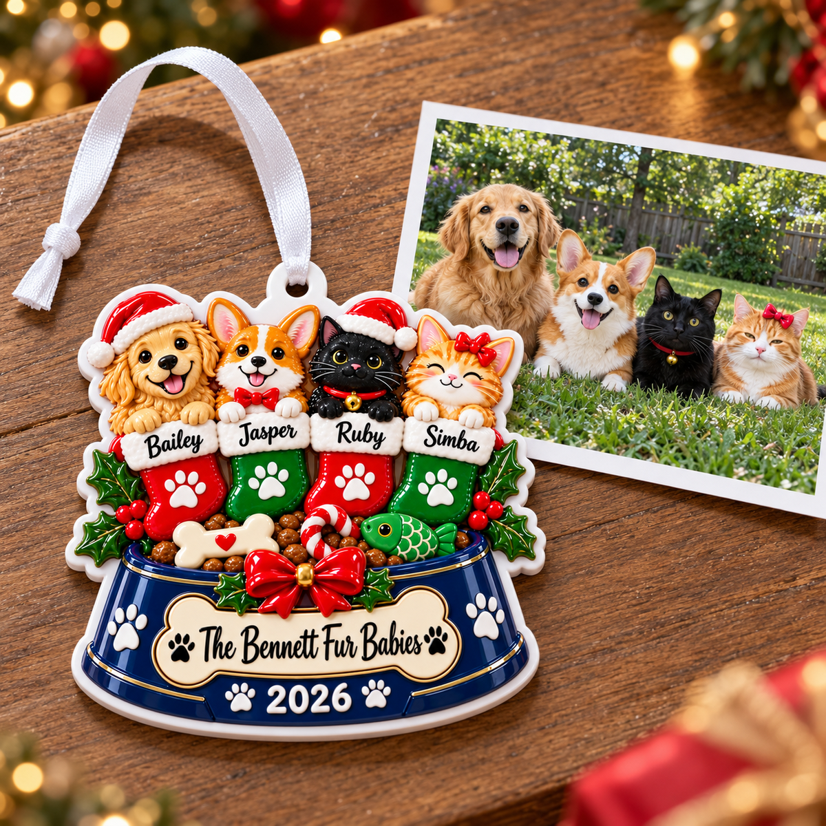 Christmas Pet Bowl with Four Dogs and Cats in Stockings Hanging Decor - 3D Relief Ornament