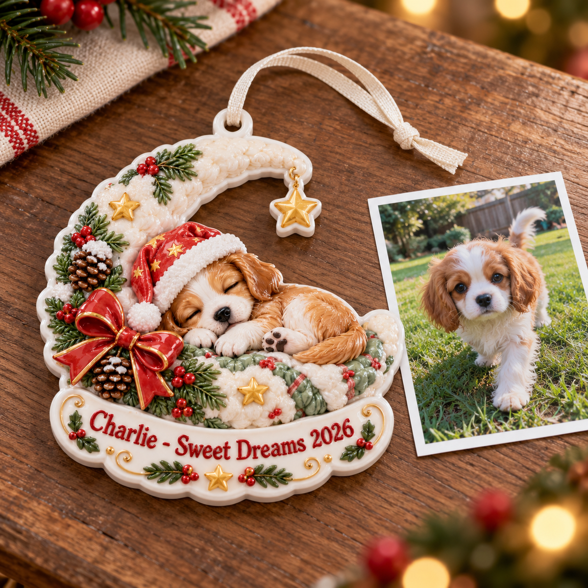 Sleeping Puppy on Crescent Moon Christmas Tree Decor - 3D Relief Ornament