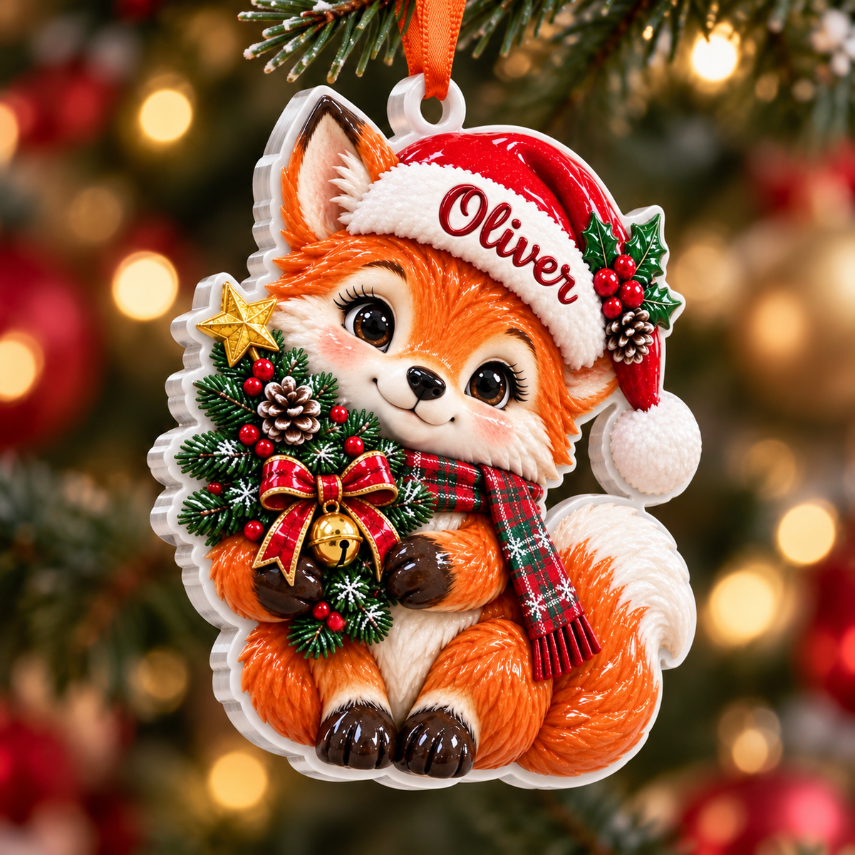 Christmas Woodland Fox with Santa Hat and Pine Tree Hanging Keepsake - 3D Relief Ornament