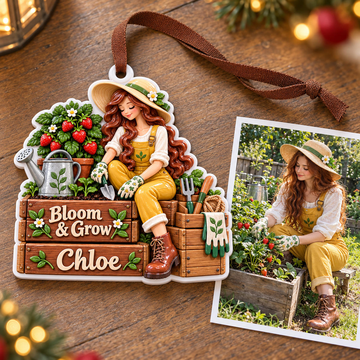 Gardening Girl with Strawberry Planter and Watering Can Holiday Hanging Keepsake - 3D Relief Ornament