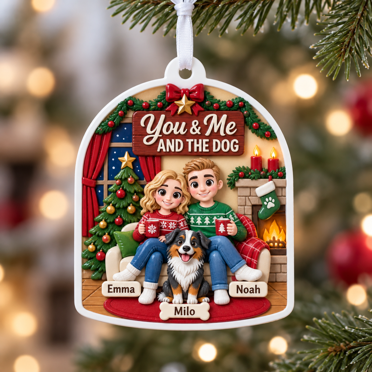 Couple and Dog Christmas Tree Decoration, Arched Fireplace Scene - 3D Relief Ornament