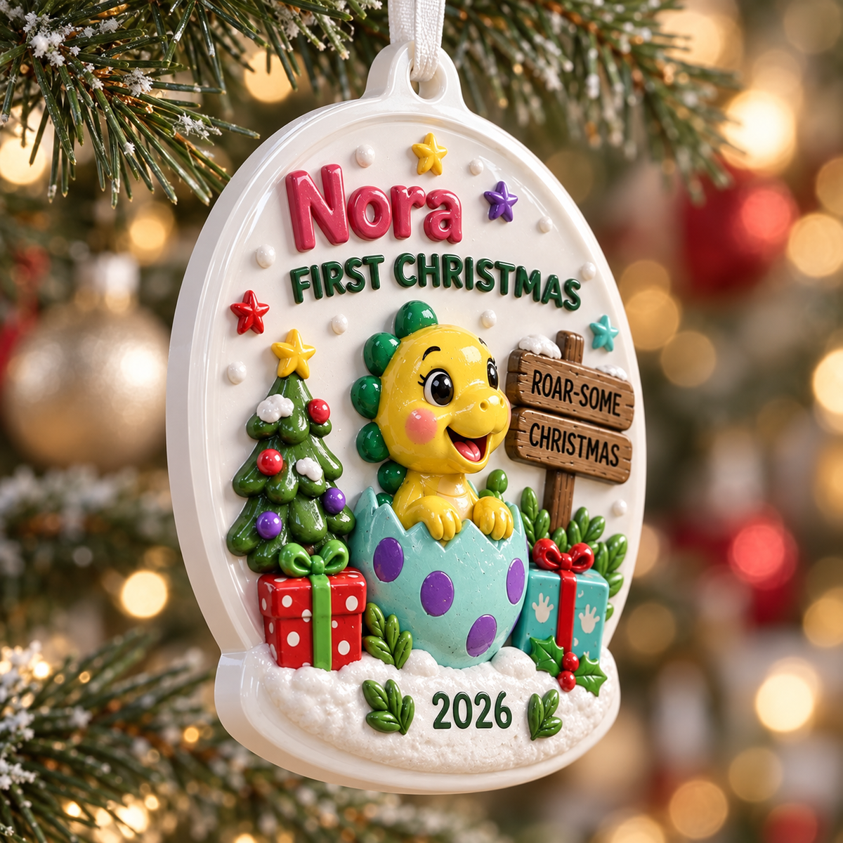 Baby Dinosaur Hatching Egg First Christmas Oval Holiday Keepsake - 3D Relief Ornament