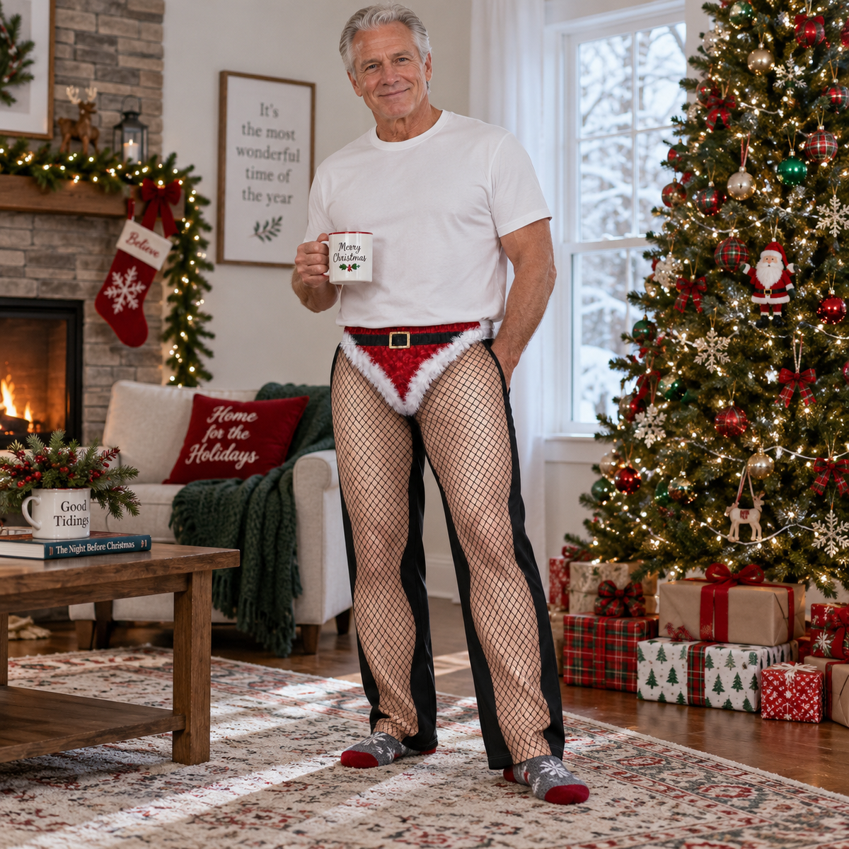 Novelty Christmas Pajama Pants Fishnet Santa Brief Print Loungewear
