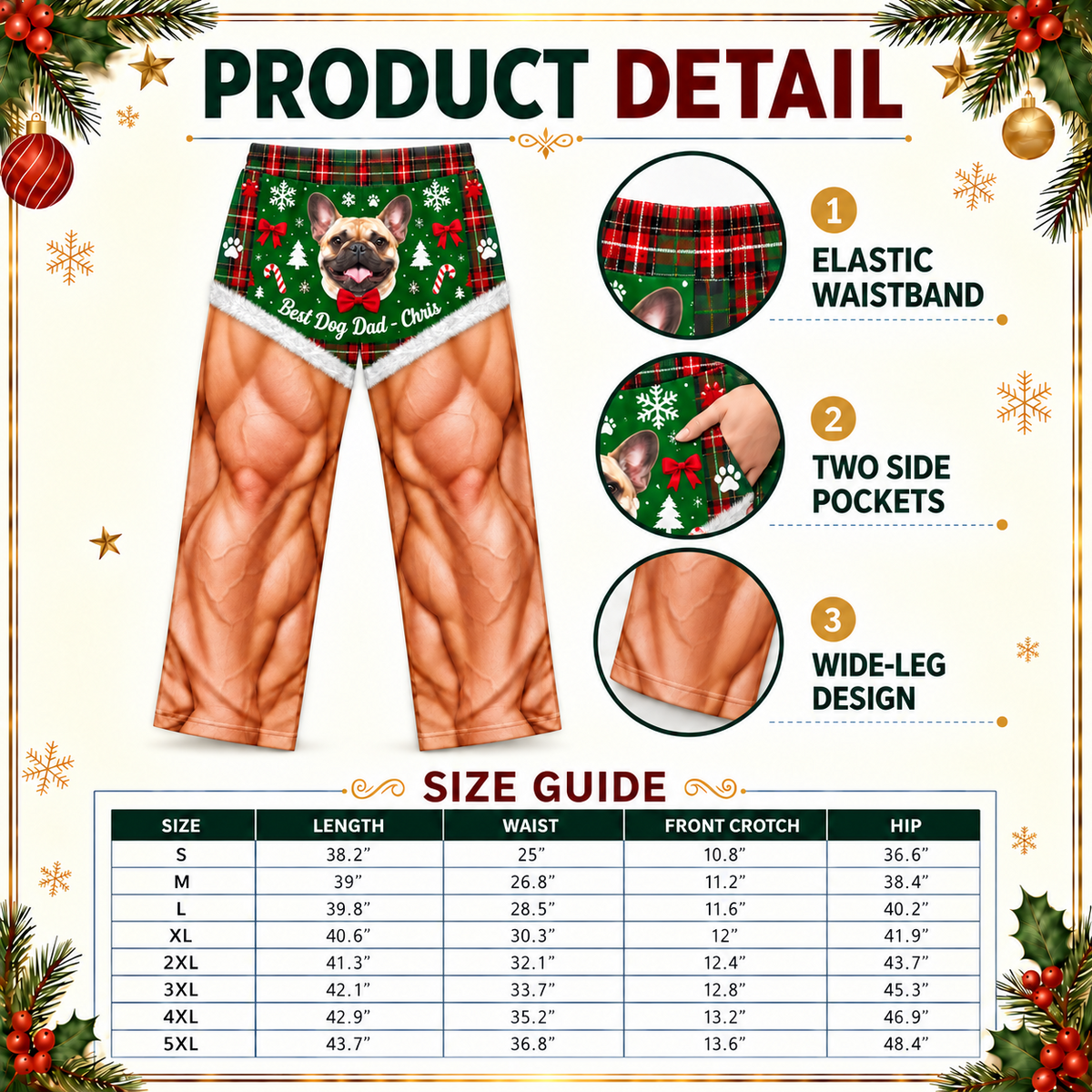 Mens Pajama Pants Muscle Leg Dog Print Plaid Holiday Loungewear