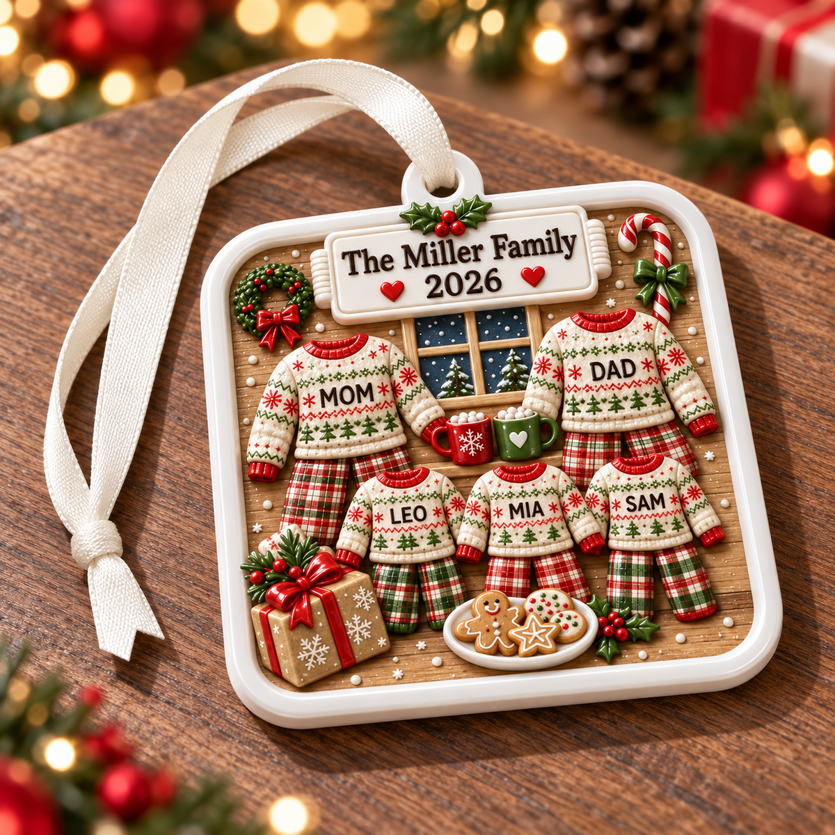 Family Christmas Pajamas Plaque with Sweaters and Cookies Holiday Keepsake - 3D Relief Ornament