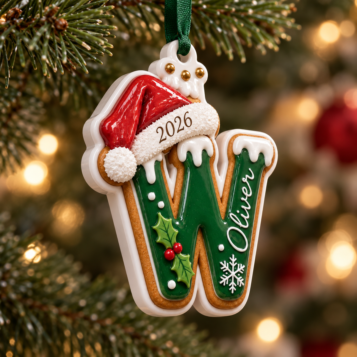 Gingerbread Cookie Letter Christmas Tree Hanging Decoration with Santa Hat - 3D Relief Ornament