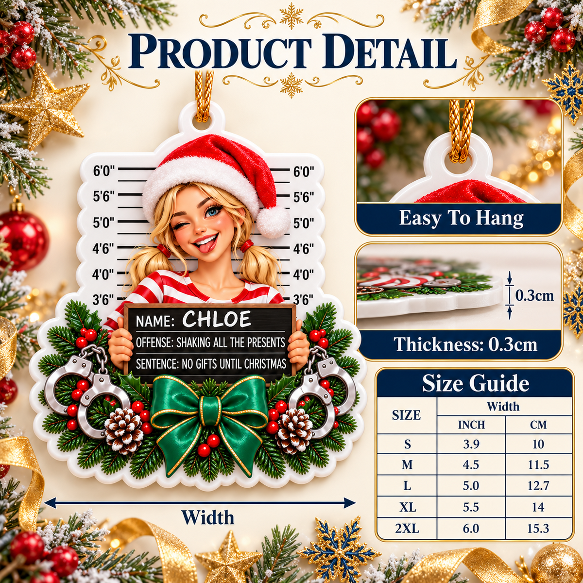 Funny Christmas Mugshot Blonde Girl Holiday Tree Decoration - 3D Relief Ornament
