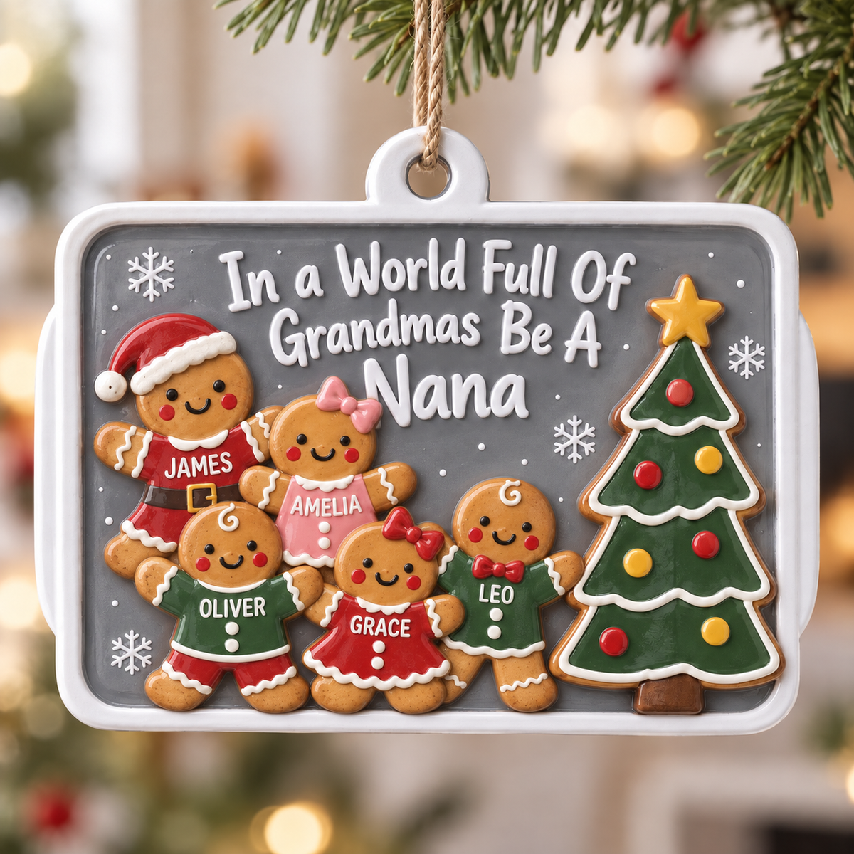 Nana Gingerbread Family Christmas Plaque, Rectangular Hanging Holiday Tree Decor - 3D Relief Ornament
