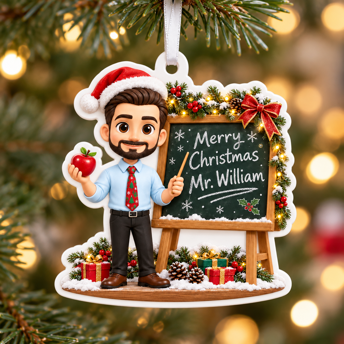 Male Teacher Chalkboard Holiday Acrylic Hanging Decoration - 3D Relief Ornament