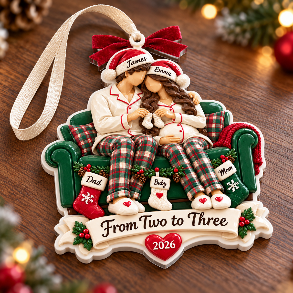 Expecting Couple on Green Couch Holiday Keepsake - 3D Relief Ornament