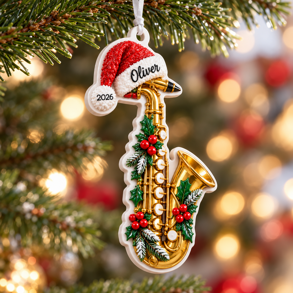 Christmas Golden Saxophone with Santa Hat Hanging Acrylic - 3D Relief Ornament