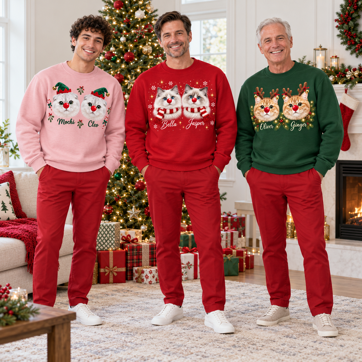 Christmas Cat Sweatshirt Holiday Graphic Red Nose Pet Crewneck