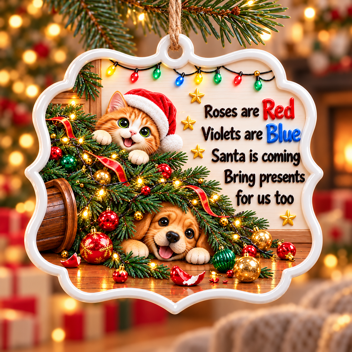 Holiday Pet Plaque Featuring Cat and Dog in Fallen Christmas Tree - 3D Relief Ornament
