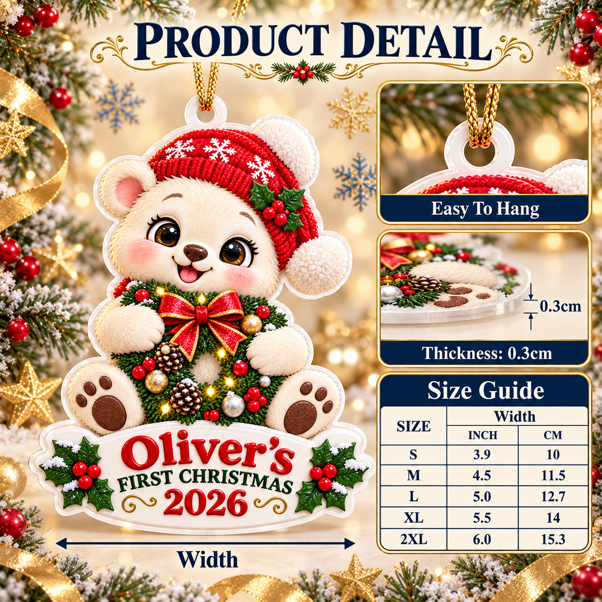 Baby Bear with Wreath First Christmas Acrylic Tree Hanging Keepsake - 3D Relief Ornament