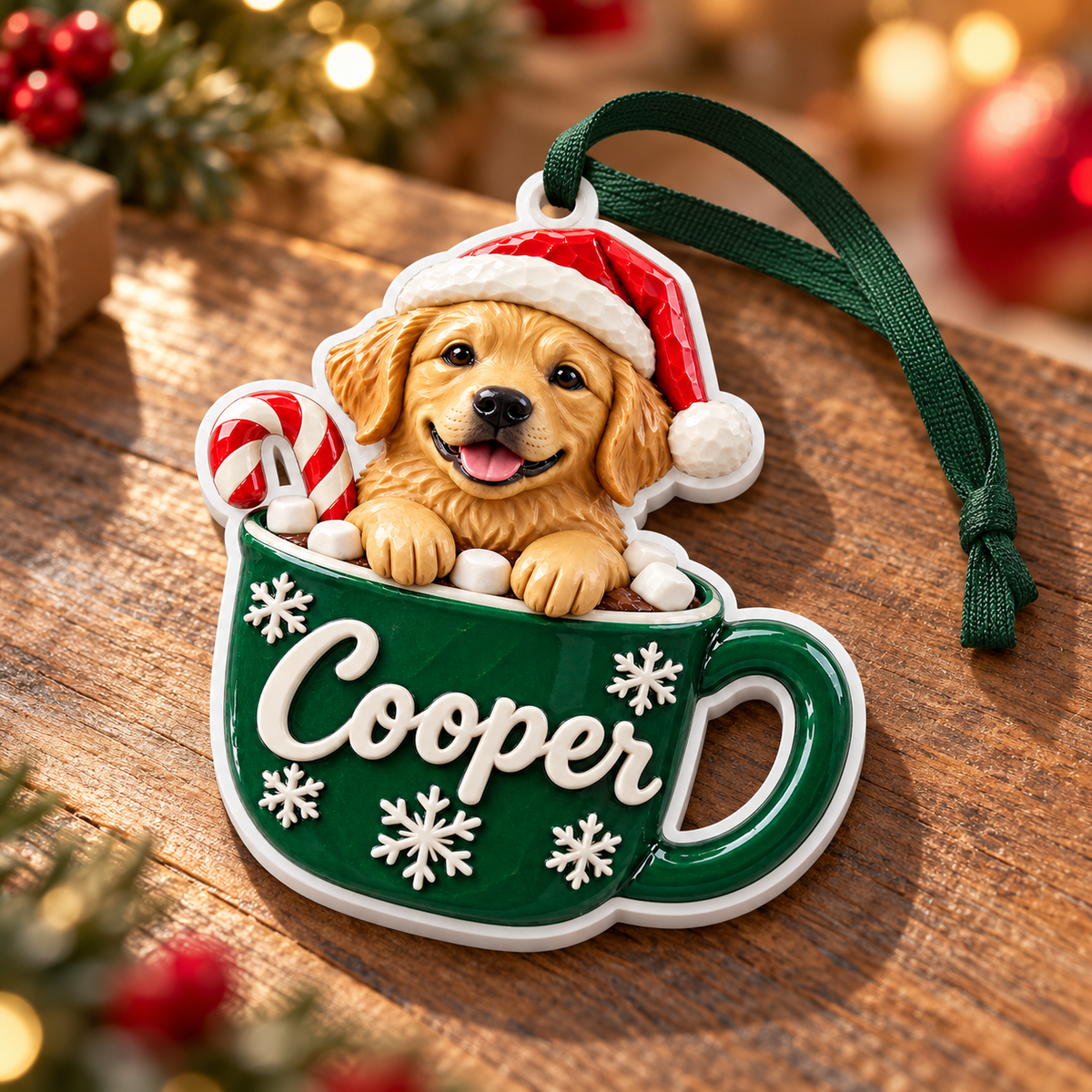 Golden Retriever Puppy in Cocoa Mug Christmas Tree Hanging Decor - 3D Relief Ornament
