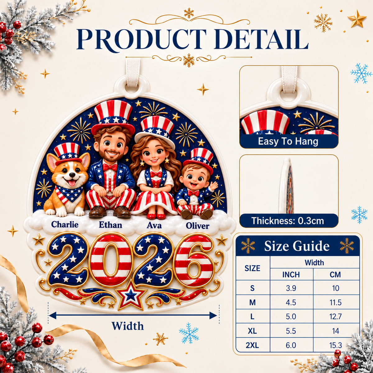 Patriotic Family with Dog 2026 Year Hanging Keepsake - 3D Relief Ornament