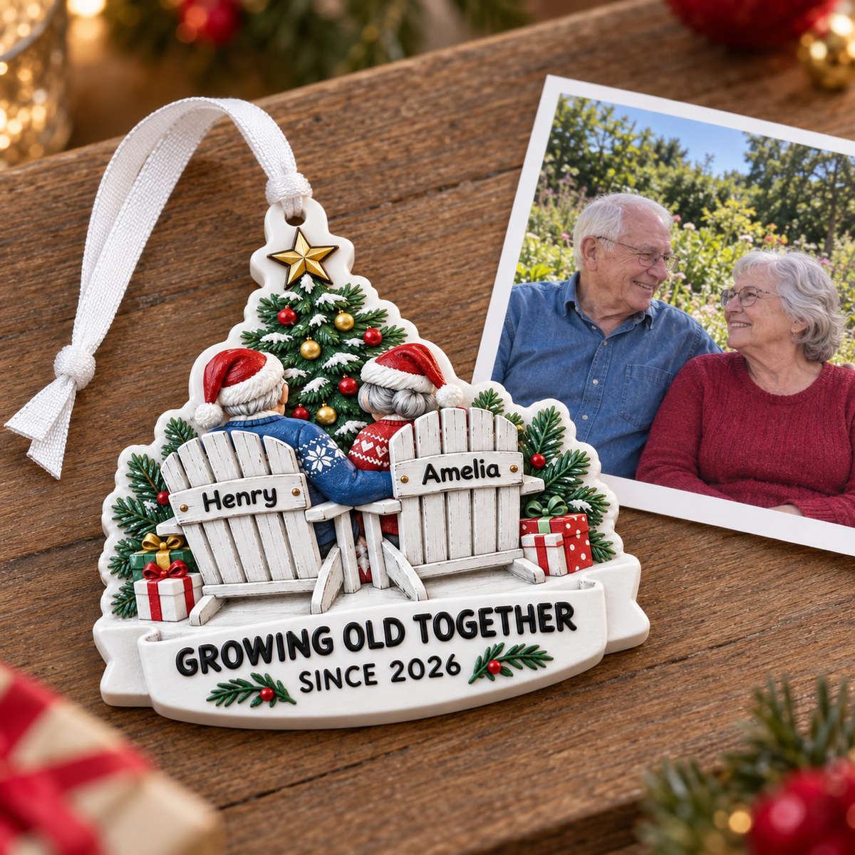 Christmas Tree Hanging Decor Growing Old Together Couple in Adirondack Chairs - 3D Relief Ornament