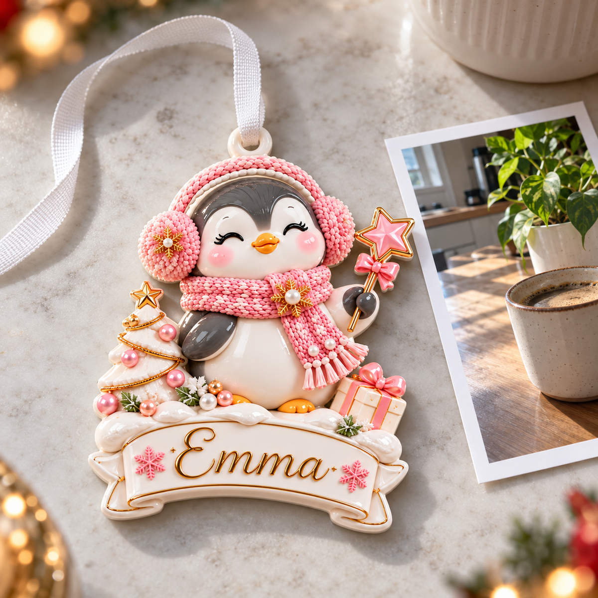 Winter Penguin with Pink Scarf and Christmas Tree Banner - 3D Relief Ornament