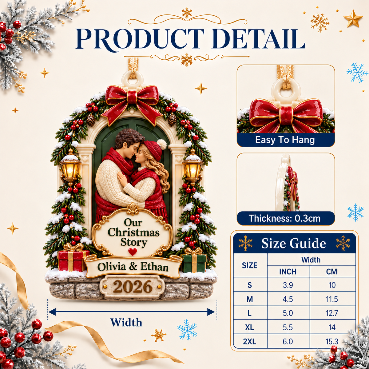 Winter Couple Holiday Doorway Plaque with Ribbon - 3D Relief Ornament