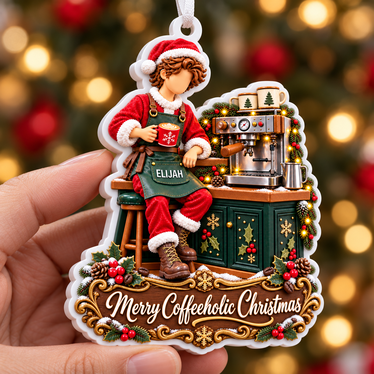 Barista Santa with Espresso Machine Merry Coffeeholic Christmas Acrylic Hanging Plaque - 3D Relief Ornament