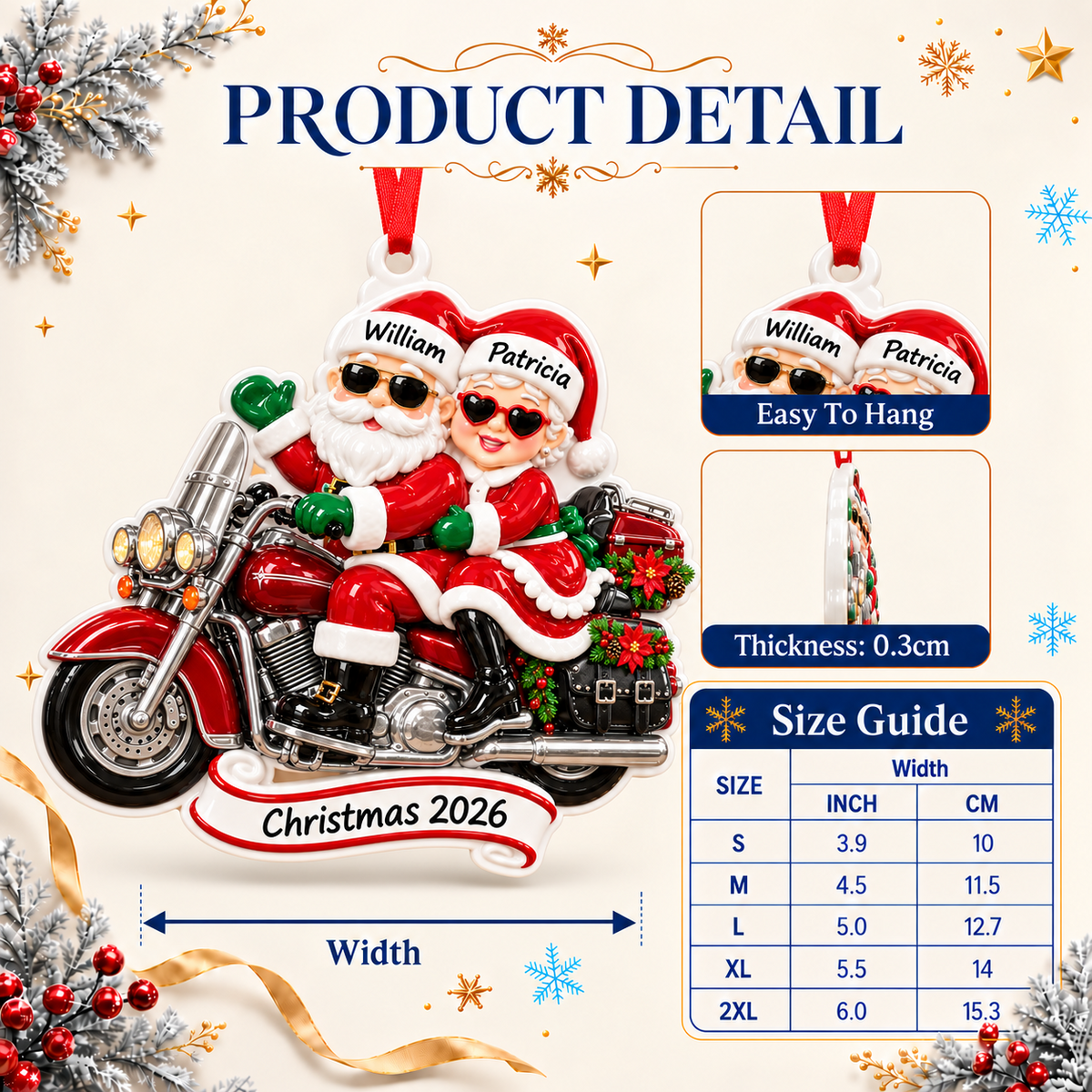 Motorcycle Riding Santa and Mrs Claus Christmas Tree Hanging Decoration - 3D Relief Ornament