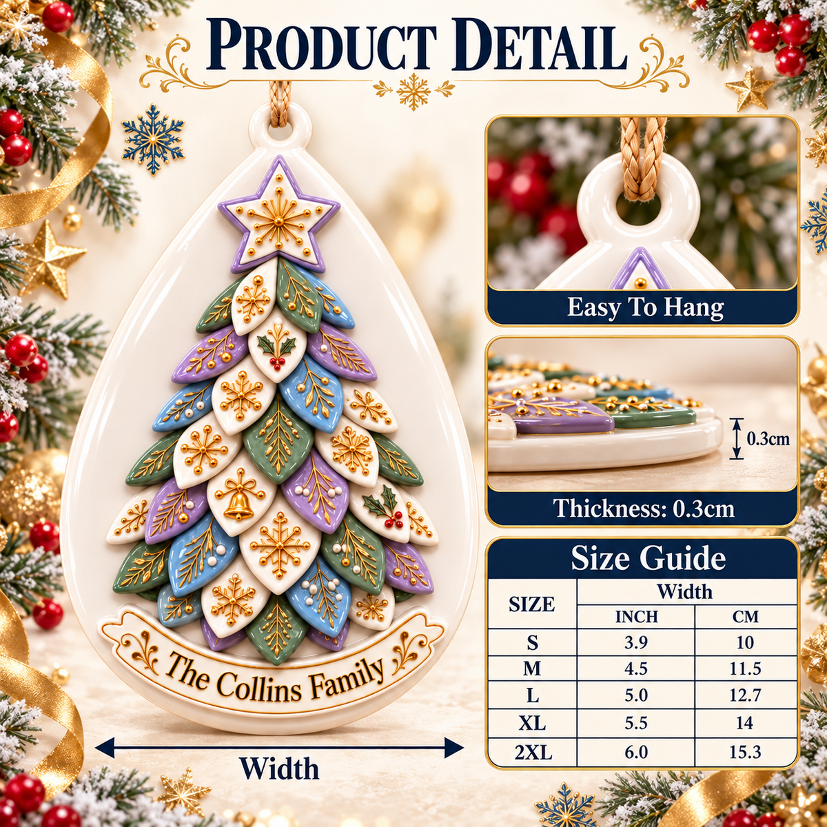 Acrylic Teardrop Christmas Tree Plaque with Gold Leaf Details - 3D Relief Ornament