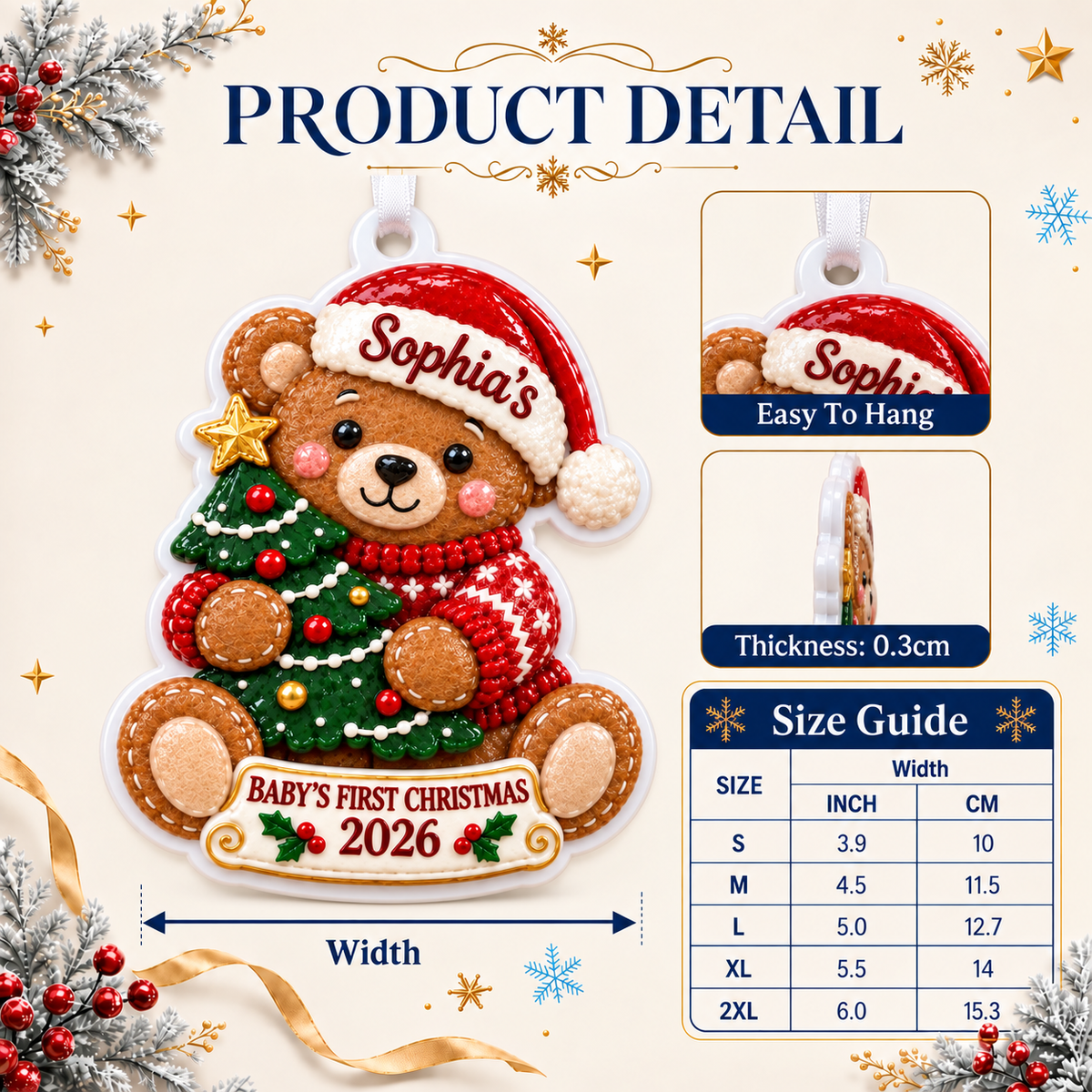 Baby's First Christmas Teddy Bear with Tree Hanging Holiday Keepsake - 3D Relief Ornament
