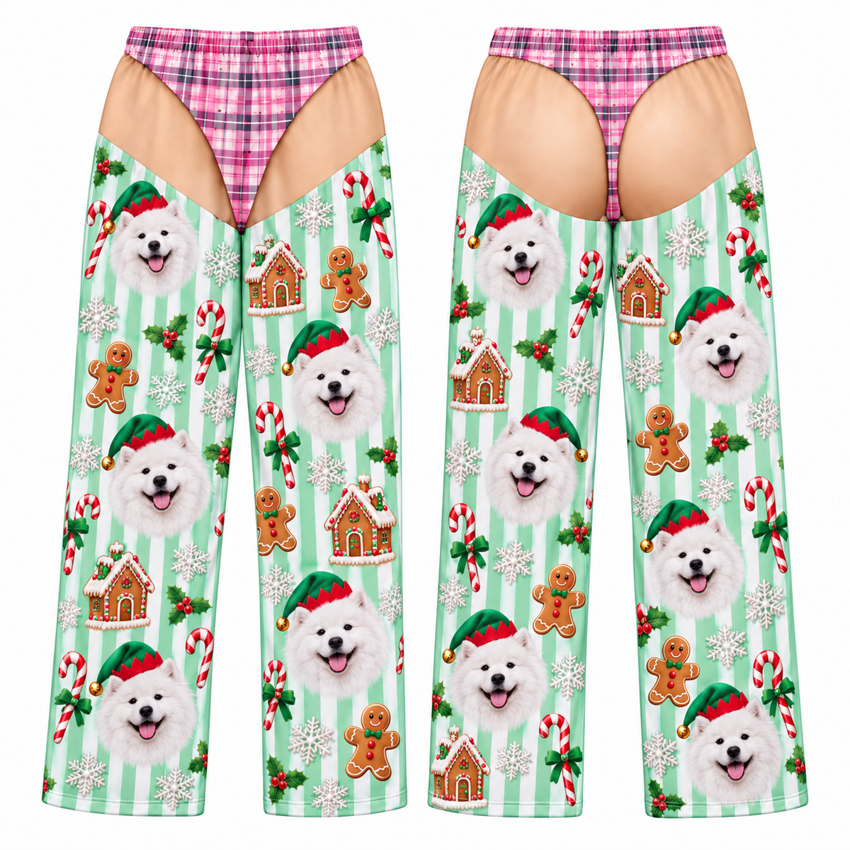 Christmas Pajama Pants with Thong Print and Holiday Dog Face Pattern