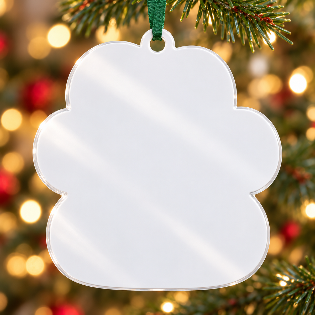 Paw Shape Christmas Tree Hanging Decoration with Dog and Cat Green Plaid - 3D Relief Ornament